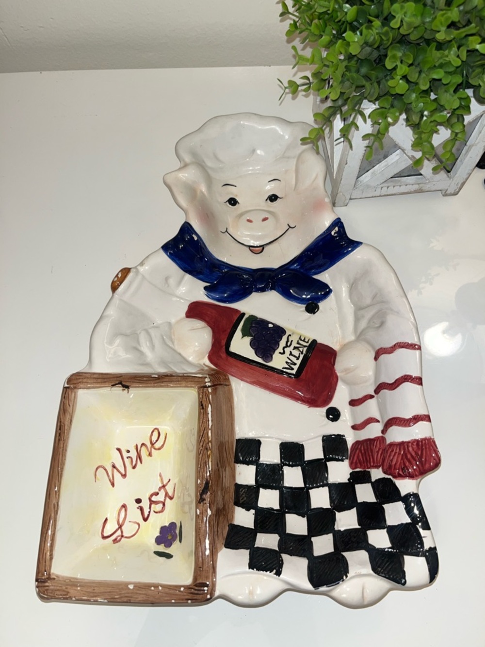 Cardinal Inc. Handpainted Ceramic Pig/Wine Chip & Dip Serving Tray Platter - GC